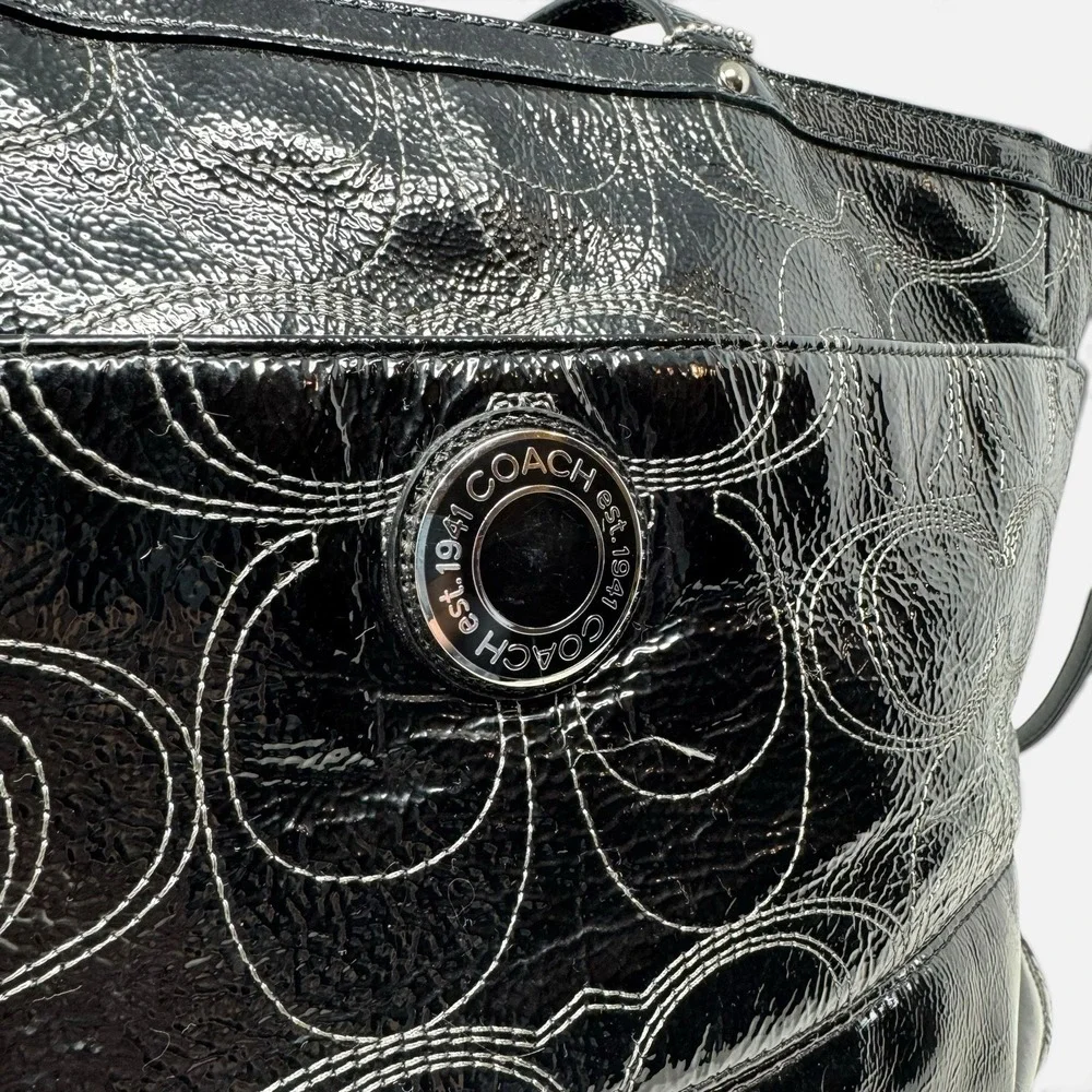 Coach Black Patent Leather Stitched C Baby Bag Diaper Tote Crossbody Travel Bag